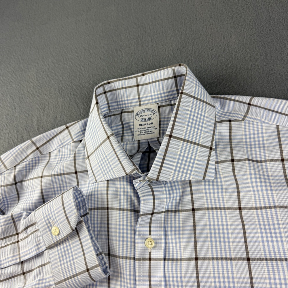 Brooks Brothers Shirt Men's 15.5-34 Blue Plaid Non Iron Stretch Supima Cotton
